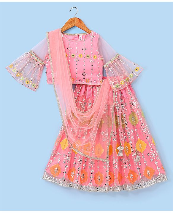 Babyhug Half Sleeves Embroidered Choli with Embroidered Lehenga and Dupatta Set  - Peach