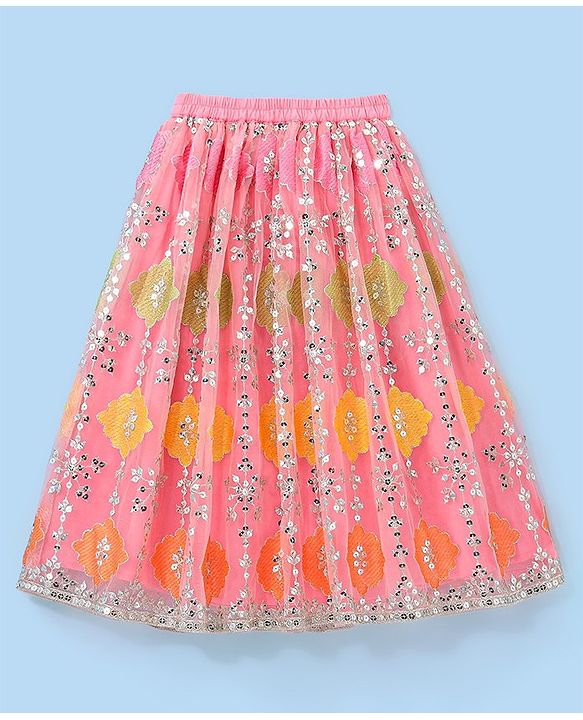 Babyhug Half Sleeves Embroidered Choli with Embroidered Lehenga and Dupatta Set  - Peach