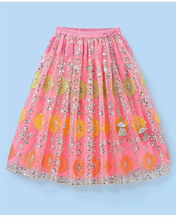 Babyhug Half Sleeves Embroidered Choli with Embroidered Lehenga and Dupatta Set  - Peach
