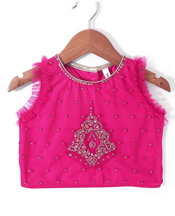 Babyhug Sleeveless Zari with Sequenced Choli with  Embroidered Lehenga  and Dupatta Set - Fuschia