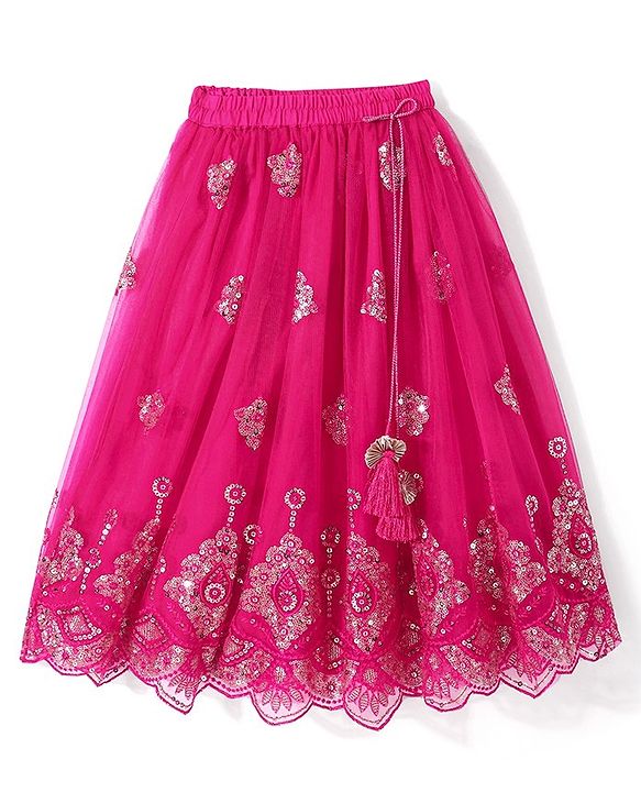 Babyhug Sleeveless Zari with Sequenced Choli with  Embroidered Lehenga  and Dupatta Set - Fuschia