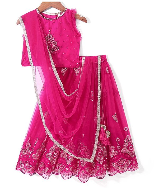 Babyhug Sleeveless Zari with Sequenced Choli with  Embroidered Lehenga  and Dupatta Set - Fuschia