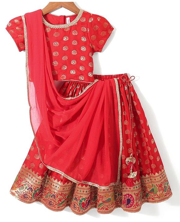 Babyhug Half Sleeves Brocade Choli with Lehenga and Dupatta Set - Maroon