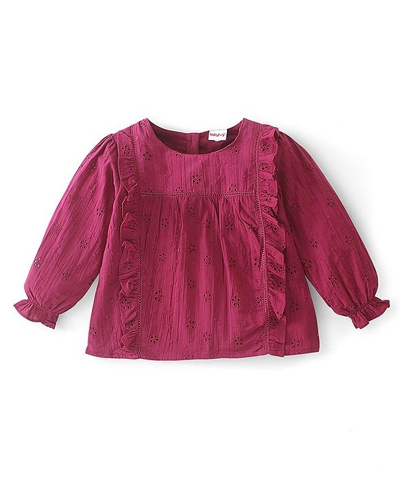 Babyhug 100% Cotton Full Sleeves Shiffli Top with Frill Detailing - Maroon