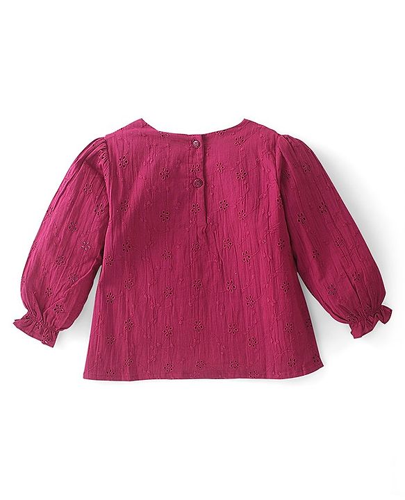 Babyhug 100% Cotton Full Sleeves Shiffli Top with Frill Detailing - Maroon