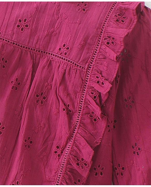 Babyhug 100% Cotton Full Sleeves Shiffli Top with Frill Detailing - Maroon