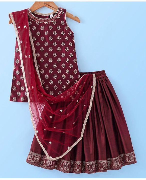 Babyhug  Sleeveless Foil Printed Long Kurta with Lehenga and Dupatta - Maroon