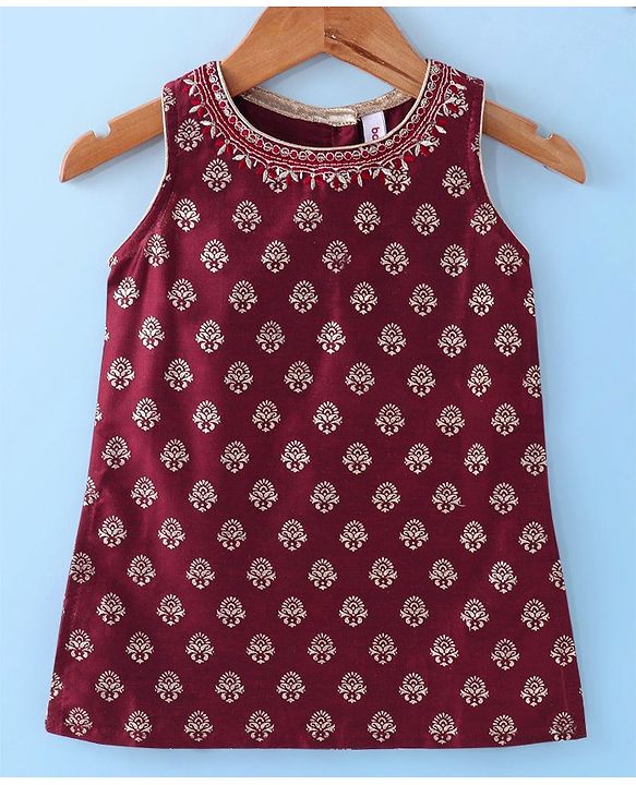 Babyhug  Sleeveless Foil Printed Long Kurta with Lehenga and Dupatta - Maroon