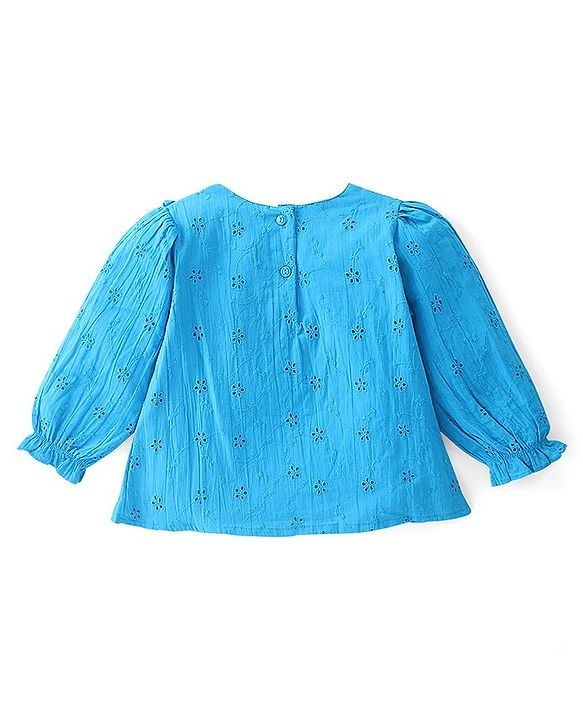Babyhug 100% Cotton Full Sleeves Shiffli Top with Frill Detailing - Blue