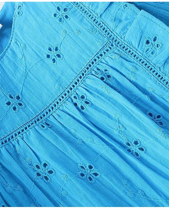 Babyhug 100% Cotton Full Sleeves Shiffli Top with Frill Detailing - Blue