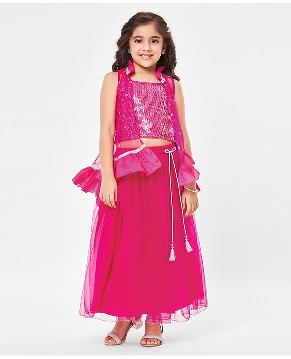 Babyhug Sleeveless Sequinned Choli & Embroidered Lehenga With Net Dupatta - Raspberry Pink main image 1