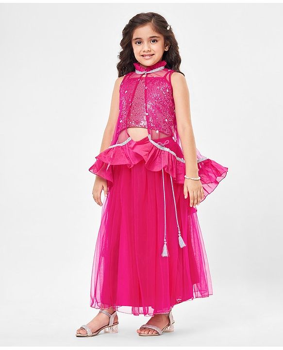 Babyhug Sleeveless Sequenced Choli with Net Lehenga and Embroidered Jacket Set - Hot Pink