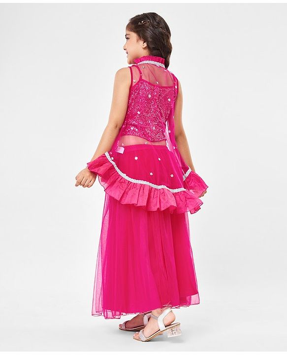 Babyhug Sleeveless Sequenced Choli with Net Lehenga and Embroidered Jacket Set - Hot Pink