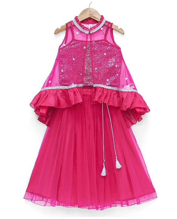 Babyhug Sleeveless Sequenced Choli with Net Lehenga and Embroidered Jacket Set - Hot Pink