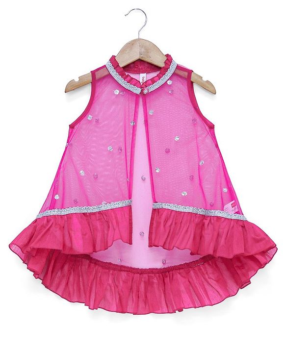 Babyhug Sleeveless Sequenced Choli with Net Lehenga and Embroidered Jacket Set - Hot Pink