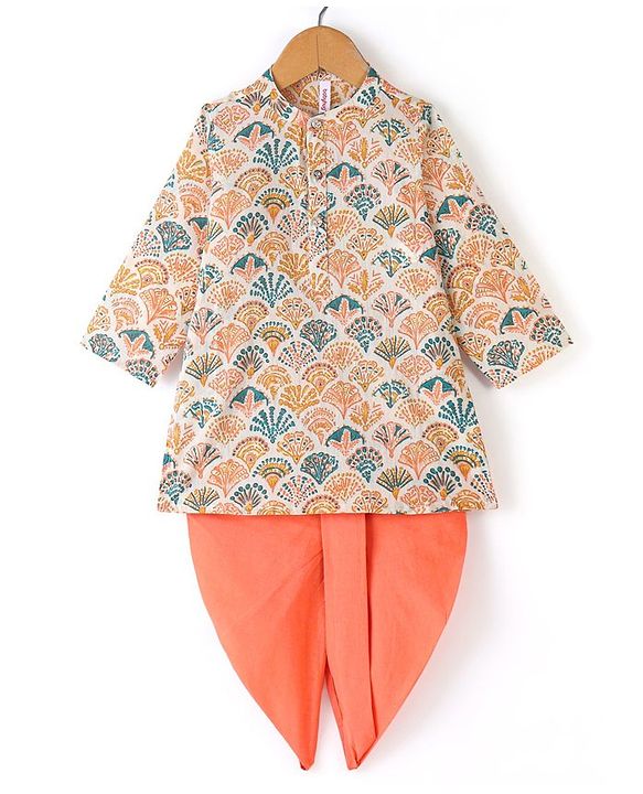 Babyhug 100% Cotton Full Sleeves Kurta With Dhoti Set With Floral Print - White & Peach