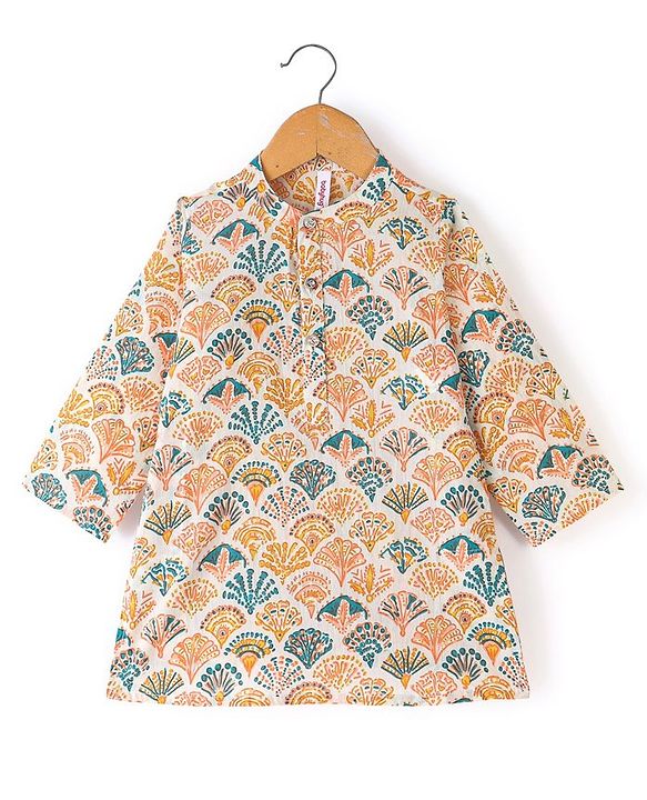 Babyhug 100% Cotton Full Sleeves Kurta With Dhoti Set With Floral Print - White & Peach