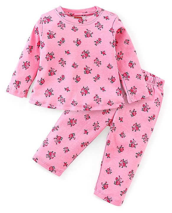 Babyhug Interlock Cotton Knit Full Sleeves Floral Print Night Suit- Pink