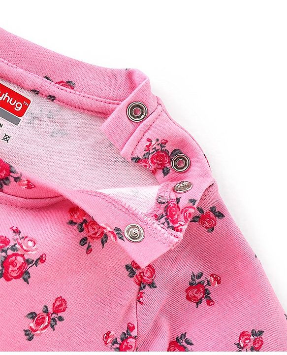 Babyhug Interlock Cotton Knit Full Sleeves Floral Print Night Suit- Pink