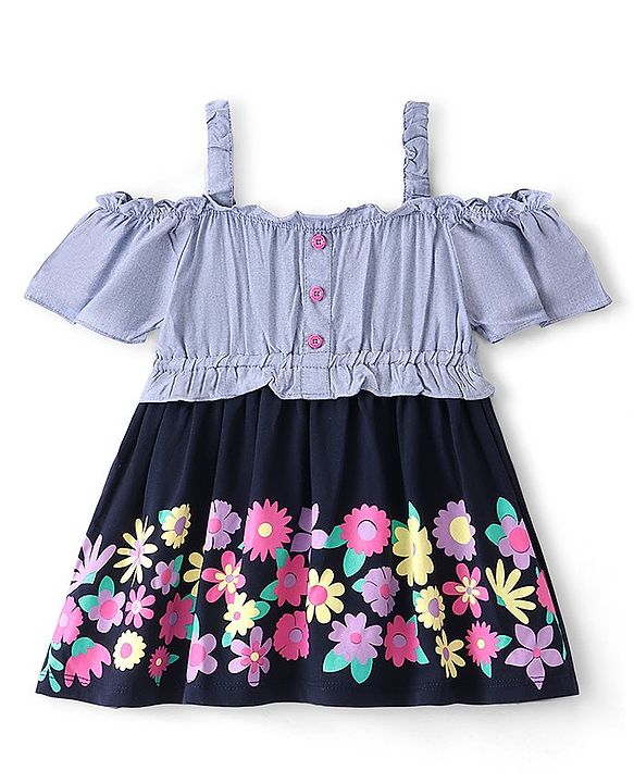 Babyhug Cotton Knit Cold Shoulder Sleeves Frock with Floral Print - Navy Blue