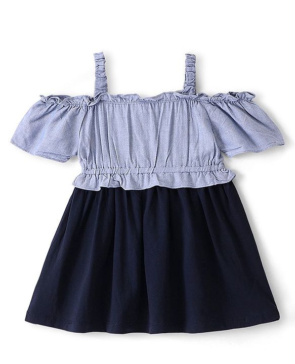 Babyhug Cotton Knit Cold Shoulder Sleeves Frock with Floral Print - Navy Blue