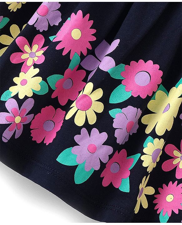 Babyhug Cotton Knit Cold Shoulder Sleeves Frock with Floral Print - Navy Blue
