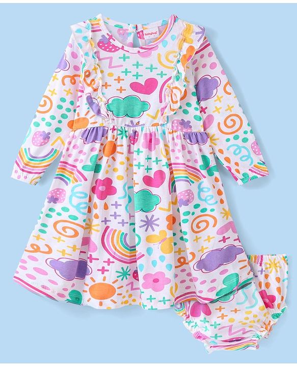 Babyhug 100% Cotton Knit Full Sleeves Frock & Bloomer With Rainbow Print - White & Pink