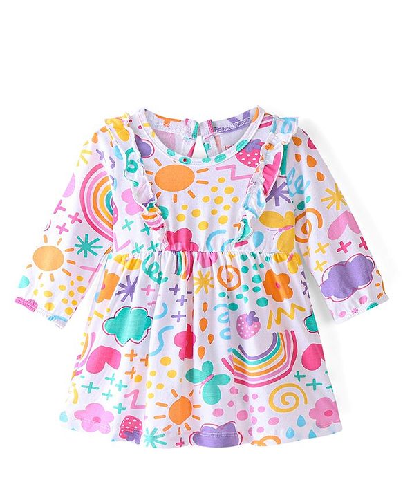 Babyhug 100% Cotton Knit Full Sleeves Frock & Bloomer With Rainbow Print - White & Pink