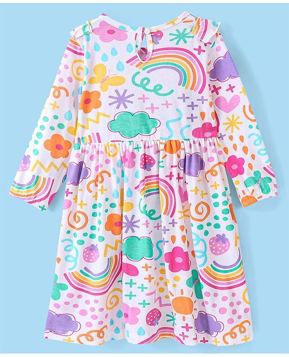 Babyhug 100% Cotton Knit Full Sleeves Frock & Bloomer With Rainbow Print - White & Pink