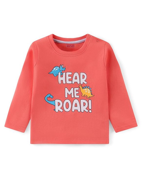 Babyhug 100% Cotton Knit Full Sleeves T-Shirt with Graphics Text Print -  Light Red