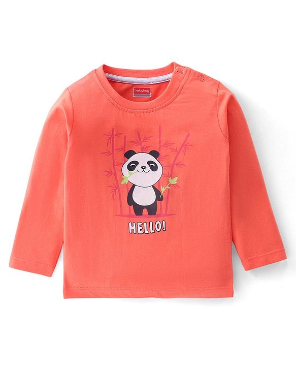 Babyhug 100% Cotton Knit Full Sleeves T-Shirt with Panda Graphics - Light Red