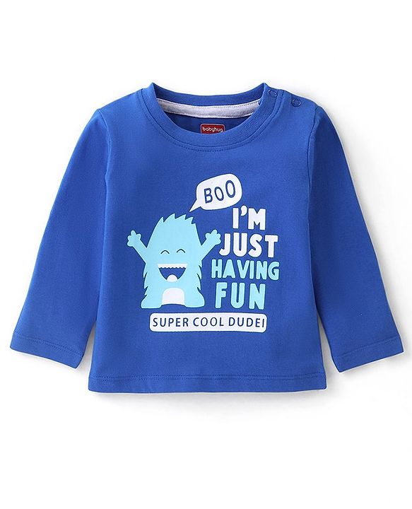 Babyhug 100% Cotton Knit Full Sleeves T-Shirt with Text Graphics - Blue