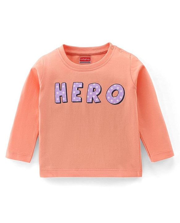 Babyhug 100% Cotton Knit Full Sleeves T-Shirt with Text Graphics - Light Orange