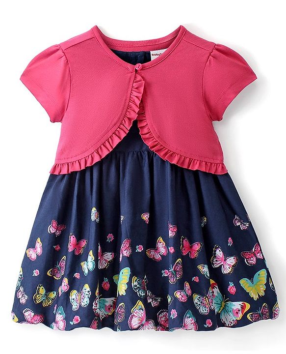 Babyhug Half Sleeves Shrug with Frock Butterfly Printed - Blue & Pink