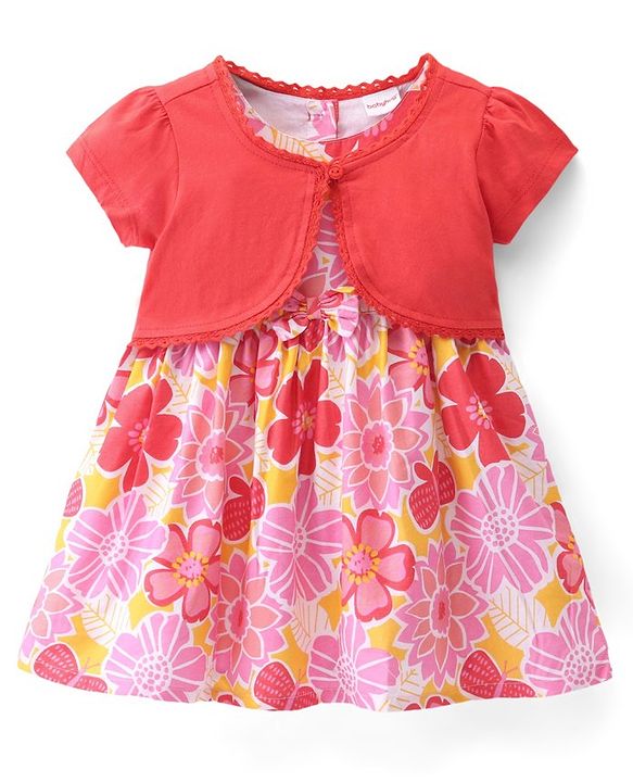 Babyhug Poplin Half Sleeves Shrug with Frock - White & Pink