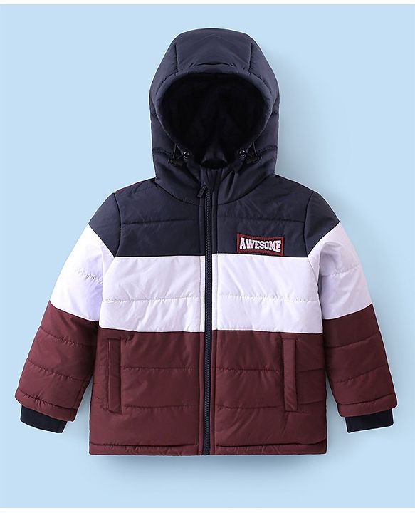 Babyhug Full Sleeves Padded & Hooded Jacket Color Block With Text Embroidery- Blue Maroon & White