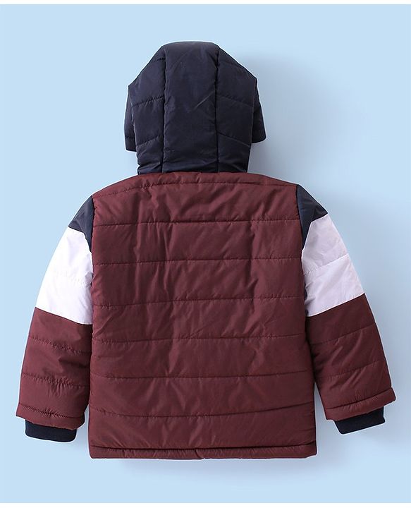 Babyhug Full Sleeves Padded & Hooded Jacket Color Block With Text Embroidery- Blue Maroon & White