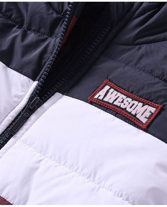 Babyhug Full Sleeves Padded & Hooded Jacket Color Block With Text Embroidery- Blue Maroon & White