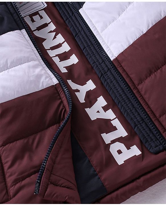 Babyhug Full Sleeves Padded & Hooded Jacket Color Block With Text Embroidery- Blue Maroon & White