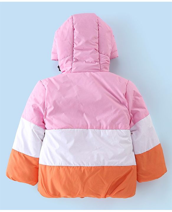 Babyhug Woven Full Sleeves Hooded Jacket Solid Colour - Pink White & Orange
