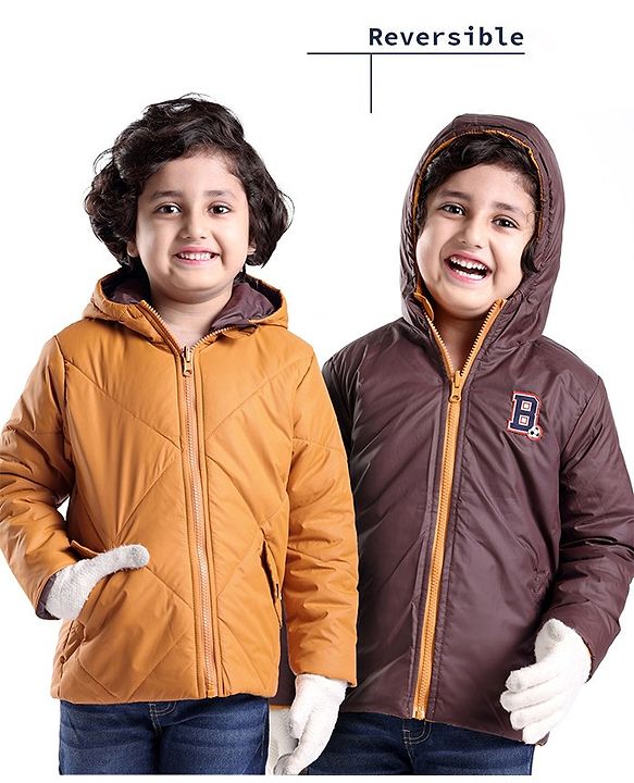 Babyhug Full Sleeves Reversible Solid Colour Hooded Jacket - Mustard & Wine