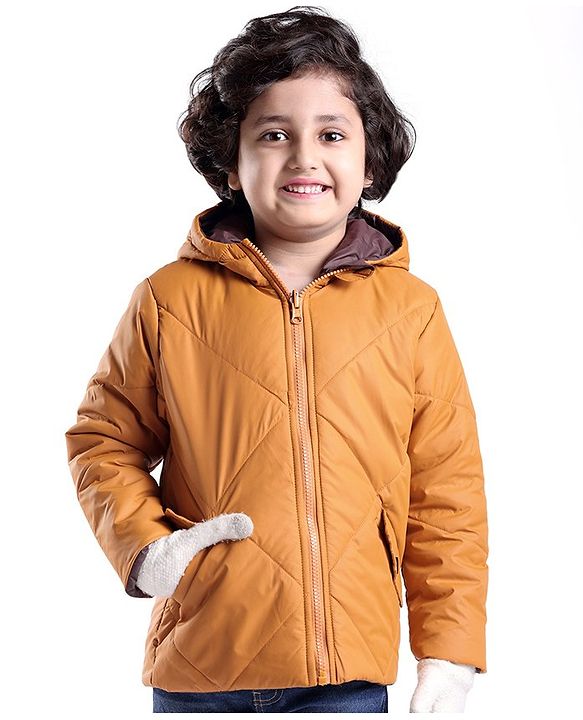 Babyhug Full Sleeves Reversible Solid Colour Hooded Jacket - Mustard & Wine