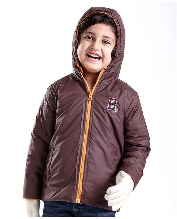 Babyhug Full Sleeves Reversible Solid Colour Hooded Jacket - Mustard & Wine