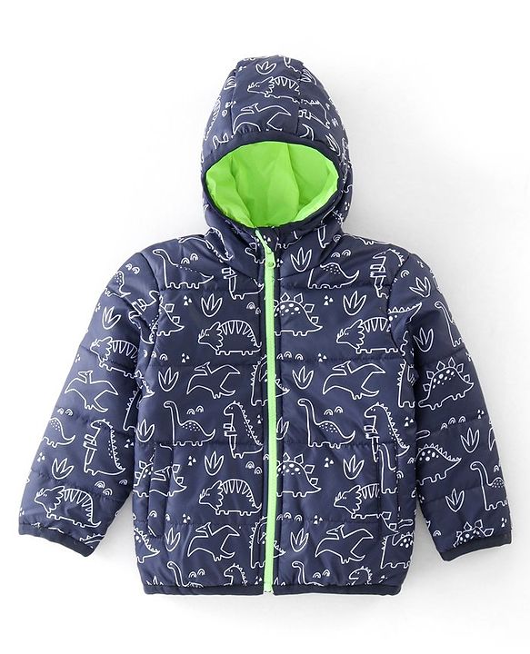Babyhug Woven Full Sleeves Dino Print  Hooded Reversible Jacket - Multicolour