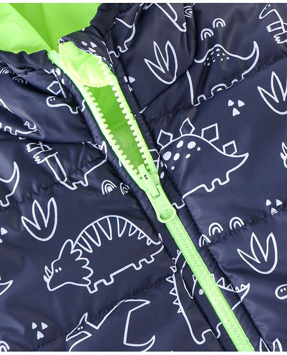 Babyhug Woven Full Sleeves Dino Print  Hooded Reversible Jacket - Multicolour