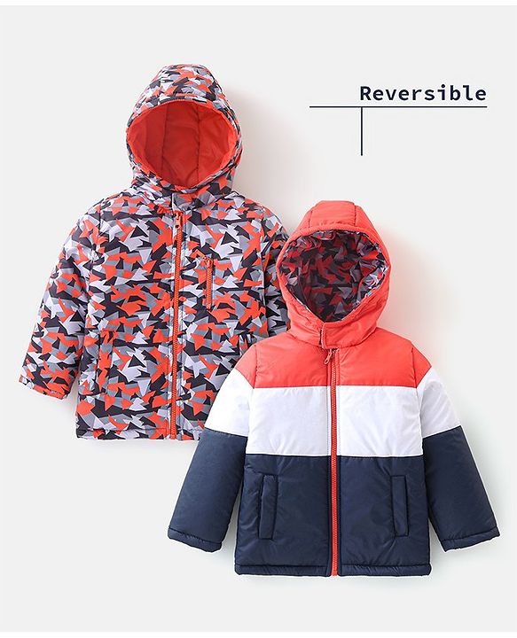 Babyhug Woven Full Sleeves Reversible Hooded Jacket With Solid Colour - Red Blue & White
