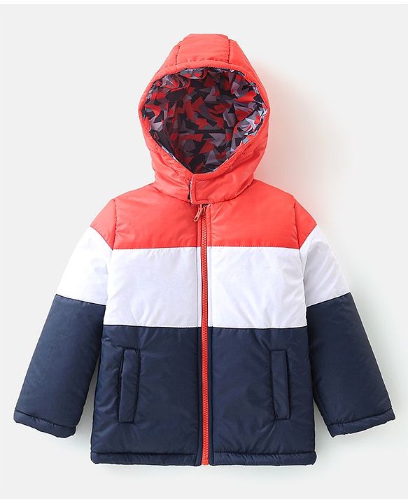 Babyhug Woven Full Sleeves Reversible Hooded Jacket With Solid Colour - Red Blue & White