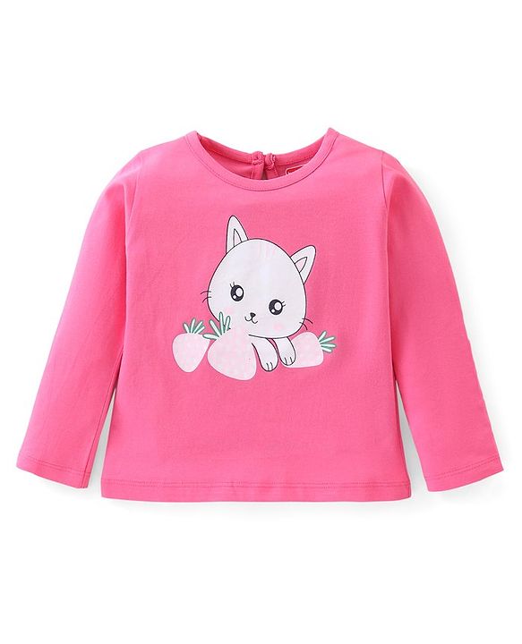 Babyhug 100% Cotton Full Sleeves Tee Cat Print - Pink
