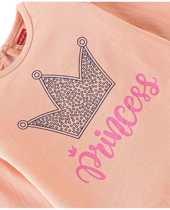 Babyhug 100% Cotton Full Sleeves Tee with Text Graphics Print - Peach