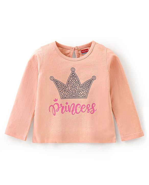 Babyhug 100% Cotton Full Sleeves Tee with Text Graphics Print - Peach